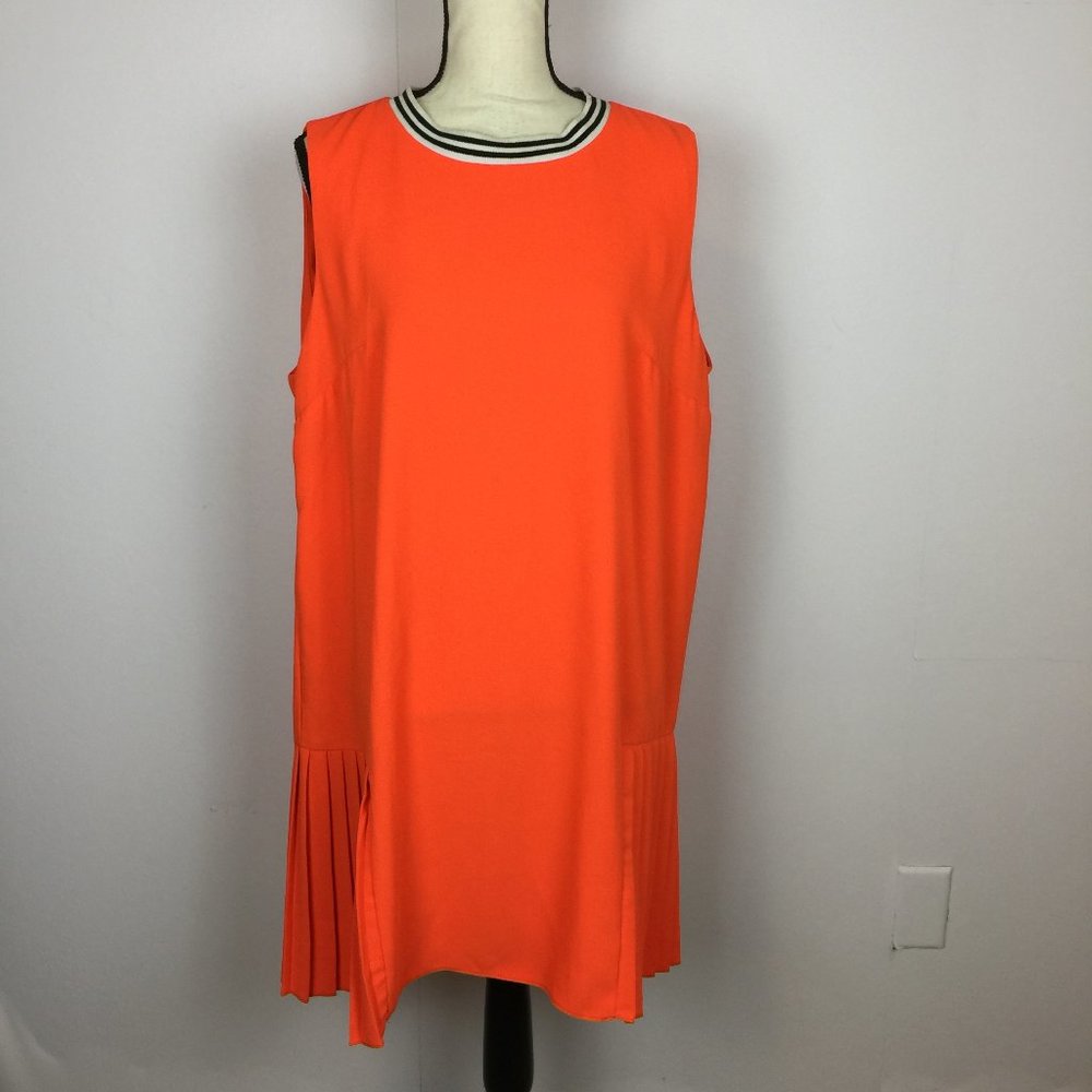 ASOS Shift Dress Size 14 Womans Orange Sleeveless Pleated Hem Knit Trim Neck
